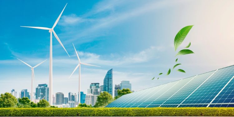 a solar panel and wind turbines on a city street