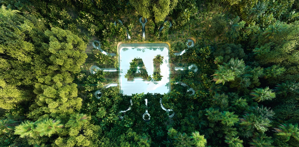 An AI logo framed by a vibrant forest, blending technology with nature .